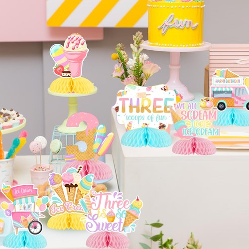 Jollyboom Ice Cream 3rd Birthday Decoration for Girls, Three is So Sweet Birthday Honeycomb Centerpiece We All Screamed for Ice Cream Double-sided Honeycomb Centerpiece for Summer 3rd Birthday Party