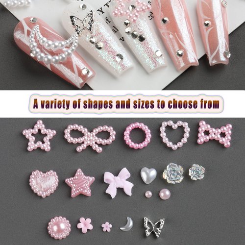 FSpronail Nail Charms for Acrylic Nails 3D Pink Pearls Heart Star with Bows and Gems Flowers Nail Art Design DIY Decor Accessories with Tweezer