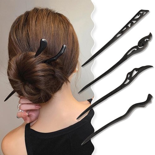 4PCS Vintage Wooden Hair Chopsticks Handmade Chinese Japanese Black Wood Hair Sticks Long Fork Pen Hairpins for Women Girls Hair Bun
