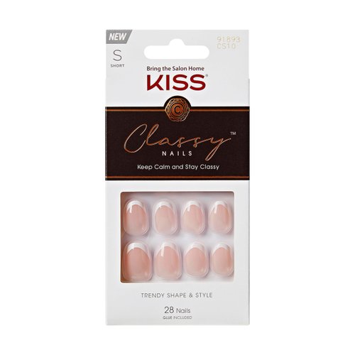 KISS Classy Nails, Press-On Nails, Nail glue included, Exclusive Only', Light White, Short Size, Oval Shape, Includes 28 Nails, 2G Glue, 1 Manicure Stick, 1 Mini File