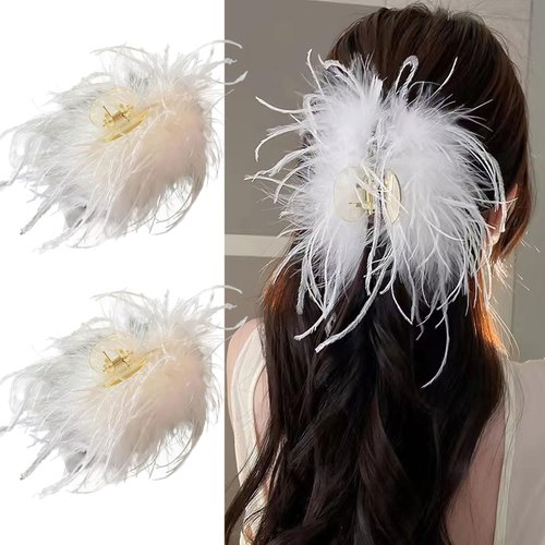 2 Pcs White Feather Hair Clip, Ostrich Fluffy Fur Claw Jaw Clips Strong Acrylic Hair Grip Clamps Ponytail Shark Clip for Women Halloween Carnival Birthday Party
