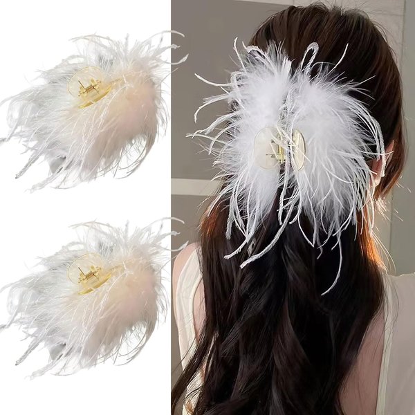 2 Pcs White Feather Hair Clip, Ostrich Fluffy Fur Claw Jaw Clips Strong Acrylic Hair Grip Clamps Ponytail Shark Clip for Women Halloween Carnival Birthday Party