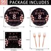 EMrups 96PCS 8th Birthday Party Plates Set Rose Gold Theme Decorations Include Rose Gold Plates and Napkins Forks for 8 Year Old Girls Birthday Party Supplies Serves 24 Guests