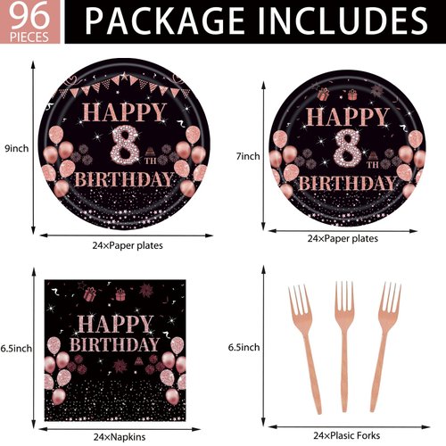 EMrups 96PCS 8th Birthday Party Plates Set Rose Gold Theme Decorations Include Rose Gold Plates and Napkins Forks for 8 Year Old Girls Birthday Party Supplies Serves 24 Guests