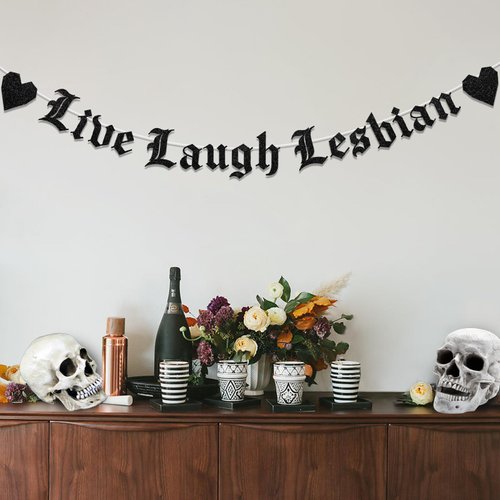 Sursurprise Lesbian Bachelorette Party Decorations, Live Laugh Lesbian Banner, Gothic Old English Emo Goth Queer Gay Pride LGBTQ+ Hen Party Decor Supplies
