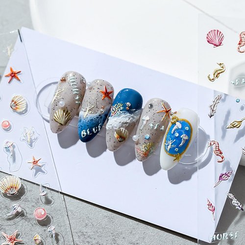Summer Ocean Shell Nail Art Stickers Decals 5D Embossed Seashell Starfish Nail Stickers Summer Ocean Seahorse Nail Art Decorations Supplies Ocean Theme Nail Adhesive Sliders for Women and Girls