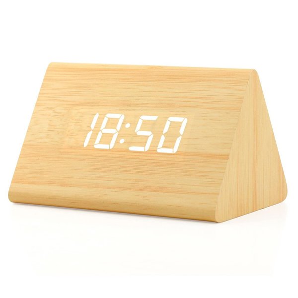 GEARONIC Digital Alarm Clock Wooden Alarm Clock Wood Modern Triangle Alarm Digital Desk Clock, Displays Time Date Temperature Calendar Wood Made Electric Clocks for Bedroom, Bedside - Bamboo