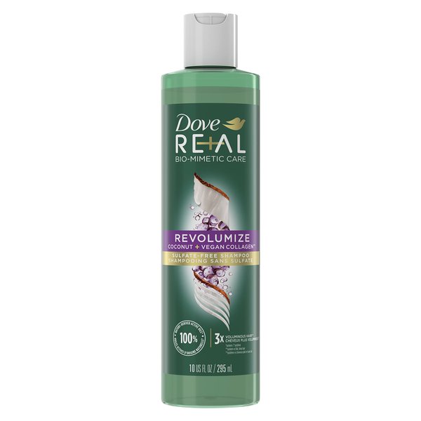 Dove RE+AL Bio-Mimetic Care Shampoo For Fine, Flat Hair Revolumize Sulfate-Free Volumizing Shampoo With Coconut + Vegan Collagen 10 Oz