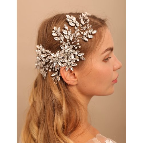 BERYUAN Rhinestone Crystal Flower Hair Comb with Headpiece for Bride, Wedding and Women Girls Silver