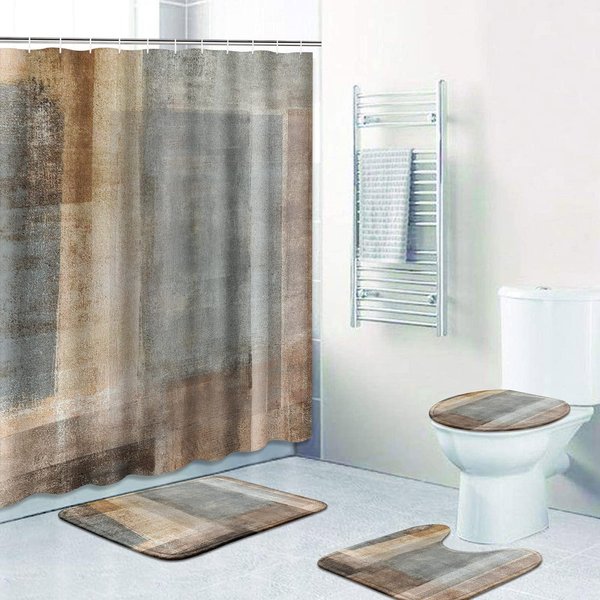 ArtSocket 4 Pcs Shower Curtain Set Beige Grey Abstract Painting Brown with Non-Slip Rugs Toilet Lid Cover and Bath Mat Bathroom Decor Set 72" x 72"