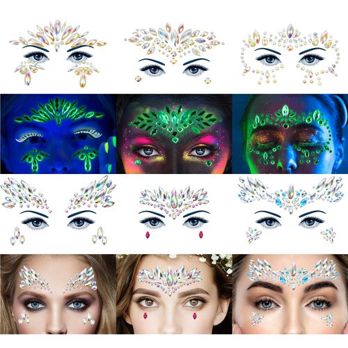 Face Gems 6 Sheets Face Jewels Stick On Rhinestones Stickers 30g Chunky Glitter, Gemstones Temporary Tattoo For Women, Festival Rave Outfit Euphoria Accessories (3Luminous)
