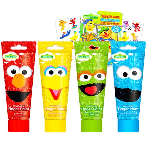 Sesame Street Finger Paint Set for Toddlers Kids - Pack of 4 Classic Colors and Stickers (Elmo Painting)