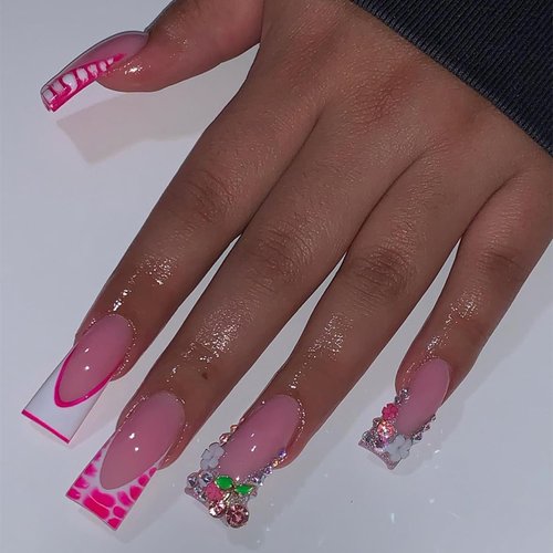 24 Pcs Duck Nails Press on Pink French Tips Press on Nails Duck Feet Style False Nails with Rhine...