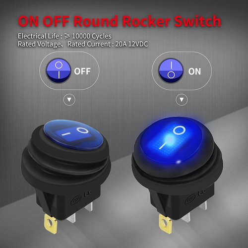 DaierTek 12V Waterproof Round Rocker Switch Blue LED Lighted [UL Listed] ON Off 3 Pin 12 Volt 20A Weatherproof Illuminated Toggle for Marine Car RV Truck -5Pack