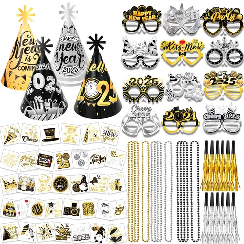 HOWAF New Years Eve Party Supplies Decor, Fancy New Year Eyeglasses, New Year Cone Hats, New Year Temporary Tattoos, New Year Bead Necklace, New Year Blowouts for New Year's Eve Party Favors, 68pcs