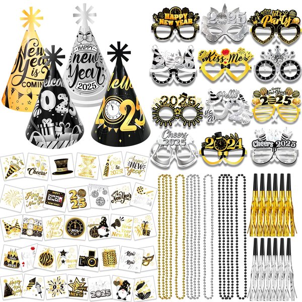 HOWAF New Years Eve Party Supplies Decor, Fancy New Year Eyeglasses, New Year Cone Hats, New Year Temporary Tattoos, New Year Bead Necklace, New Year Blowouts for New Year's Eve Party Favors, 68pcs