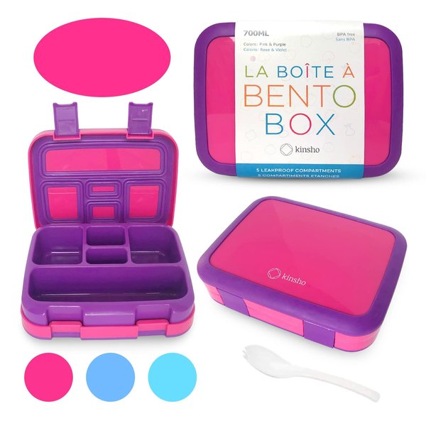 kinsho Bento Lunch Box for Kids Toddlers Girls, 5 Portion Sections Secure Lid, Microwave Safe BPA Free Removable Tray, Pre-School Kid Daycare Lunches Snack Container Ages 3 to 5, Pink Purple