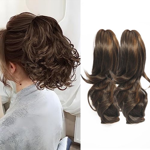 2 Packs Short Claw Clip Ponytail Extension Drawstring Curly Fake Faux Jaw Balayage Hairpiece Hair Piece Wavy High Pony Tails Synthetic Heat Friendly Fiber for Women Girls Kids (12 Inch,Light Brown)