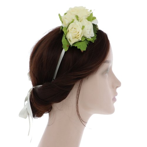 Double Rose Flower Wreath Headband with Ribbon for Women - Ivory