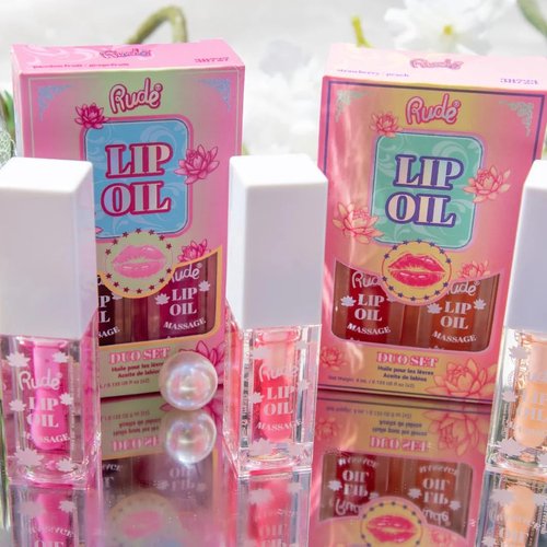 RUDE Cosmetics Lip Oil Massage Set, Plumping Lip Gloss Oil for Women & Girls, Hydrating & Moisturizing Lipgloss for Soft, Nourished Lips, Ideal for On-the-Go Lip Care, Strawberry & Peach