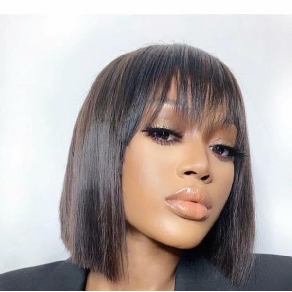 slqvrenzio Short Straight BOB Wigs With Bangs for Women Pixie Cut Wigs Human Hair For Women Wear And GoNon Lace Front Glueless Wig Natural Color 150% Density 8 Inch