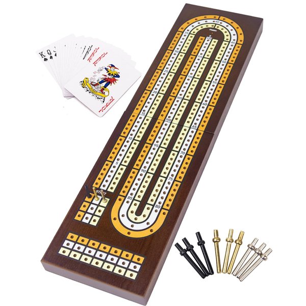 JstFrU Wooden Cribbage Board Game Set,Solid Wood 3 Track Cribbage Board,Magnetic Storage for 9 Metal Pegs,Deck of Playing Cards,Fun Table Game,Game Night, Travel (Instruction Included)