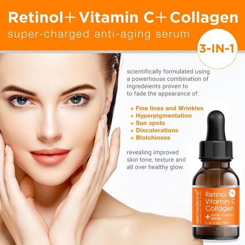 Retinol Vitamin C Collagen | Super Charged Anti-Aging Serum for Face | Pharmaceutical Grade Quality | Helps Smooth & Plump Fine Lines & Wrinkles & Brightens for Younger Skin Trial Size