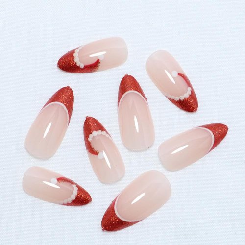 Christmas Almond Press On Nails Red French Tip Fake Nails Christmas Hat Design Glitter False Nails Full Cover Acrylic Nails Winter Xmas Glue on Nails Decoration for Women 24Pcs