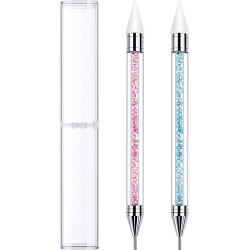 2 Pieces Rhinestone Picker Dotting Pen, Dual-ended Rhinestone Gems Crystals Studs Picker Wax Pencil Pen Crystal Beads Handle Manicure Nail Art DIY Decoration Tool (Light Blue Pink)