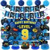 Video Game 9th Birthday Party Decorations Blue Black Happy Birthday Level 9 Banner Backdrop Honeycomb Centerpieces Hanging Swirls Tissue Paper Pompoms Kit for Boy 9 Years Old Game Controller Supplies