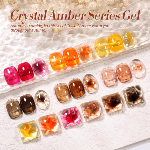 Born Pretty Jelly Gel Nail Polish Sheer Crystal Transparent Gel Polish Set Fall Winter Translucent Clear Gel Polish Red Coral Burnt Orange Grey Amber Brown 6 Colors Manicure Kit