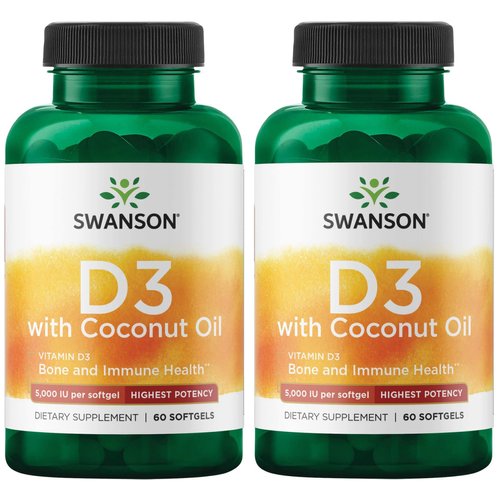 Swanson High Potency Vitamin D-3 w/Coconut - Natural Supplement Promoting Bone Health & Immune System Support - May Help Increase Calcium Absorption - (60 Softgels, 125mcg Each)