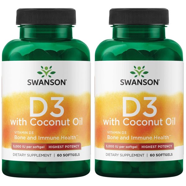 Swanson High Potency Vitamin D-3 w/Coconut - Natural Supplement Promoting Bone Health & Immune System Support - May Help Increase Calcium Absorption - (60 Softgels, 125mcg Each)