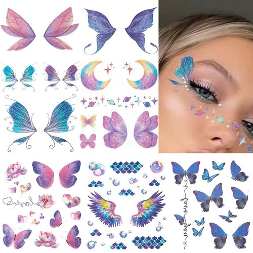 Uranian Temporary Tattoos Butterfly Face Stickers Glitter Fake Tattoo for Women Butterflies Fake Body Tattoos Sticker for Face Makeup Festival Rave Carnival (6 Sheet)