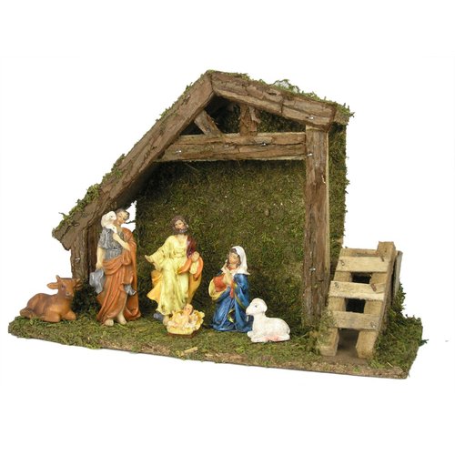 BANBERRY DESIGNS Stable for Nativity Scene - 7 Pc Set - Mary, Joseph, Jesus in Manger, Shepherd with Sheep, Cow and 8" H Creche - Christmas Decoration