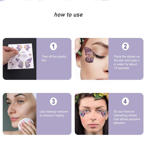 18 Sheets Glitter Butterfly Temporary Tattoos Stickers for Girls Eye Face Makeup Decoration Flash Fairy Wings Flower Waterproof Fake Tattoos for Women Festival Party Eye Makeup Décor
