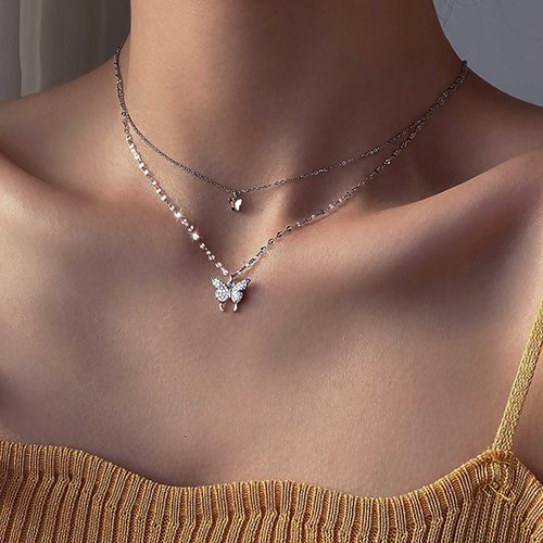TseanYi Butterfly Choker Necklace Layered Butterfly Pendant Necklace Mini Butterfly Short Choker Duoblelayer Silver CZ Butterfly Pendant Necklace Chain