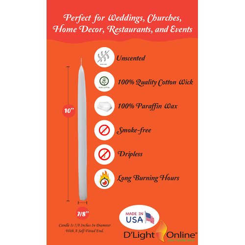 D'light Online White Taper Candles, 10 Inch Premium Quality Candles Hand-Dipped Tapered Candles, Dripless, Smokeless and Unwrapped Bulk Pack for Events - Set of 12 (10 Inch, White)