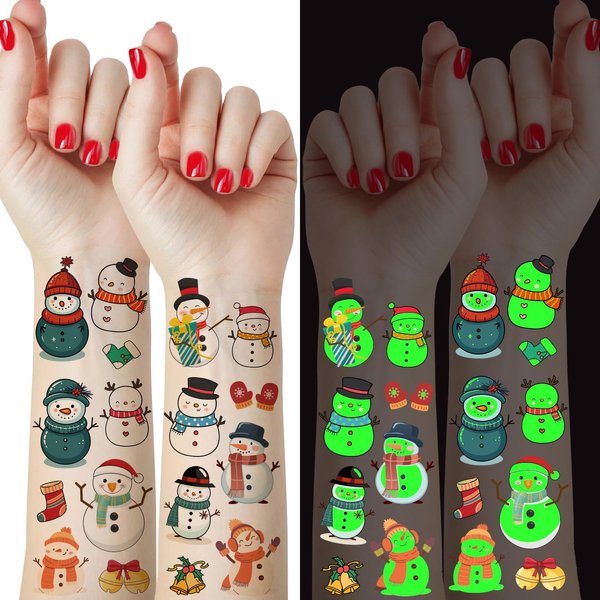 70PCS Glow in the Dark Winter Christmas Snowman Temporary Tattoos for kids, Xmas Party Decorations Supplies Favors for Girls Boys School Prizes Carnival Christmas