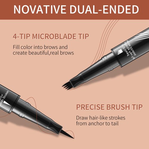2PCS Upgraded Microblading Curved Eyebrow Pen, Natural Hair Like Eyebrow Pen with 4 Micro-Fork Tip,2-in-1 Dual-Ended Eyebrow Pen with Brow Brush, Dark Brown