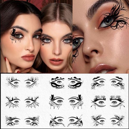 10 Sheets Halloween Eye Shadow Temporary Tattoos Eyeliner Tattoo Stickers Spider Web Bat Pattern Eyeliner Fake Tattoos for Women Men Face Eye Makeup Halloween Decals Party Supplies