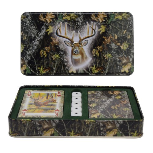Rivers Edge Products Playing Cards and Dice Set, 2 Decks of Cards and 5 Dice, Themed Deck of Cards in Tin Case, Unique Novelty Casino Cards for Poker and Gambling Games, Mossy Oak Deer