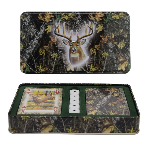 Rivers Edge Products Playing Cards and Dice Set, 2 Decks of Cards and 5 Dice, Themed Deck of Cards in Tin Case, Unique Novelty Casino Cards for Poker and Gambling Games, Mossy Oak Deer