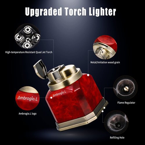 Ambrogio.L Quad Torch Lighter Tabletop Refillable Butane Gas Red Flame Cigar Cigarette Lighter for Birthday Christmas Men