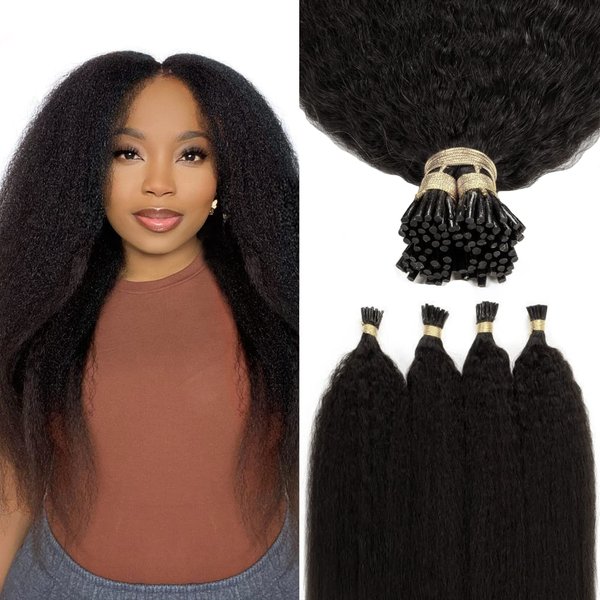 Lacerhair I Tip Hair Extensions Human Hair Kinky Straight Natural Black Color 1B 12 Inch I Tip Hair Extensions Pre Bonded Hair Extensions Micro Links Human Hair for Black Women 50 Strands/Pack 40G