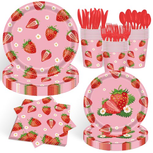 140Pcs Strawberry Party Tableware Set Strawberry Theme 1st Birthday Party Decorations Includes Strawberry Paper Plates and Napkins, Baby Shower Party Supplies Dinnerware, Serve for 20 Guest