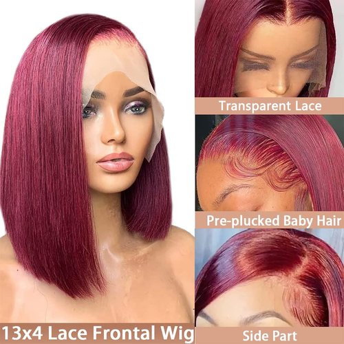 99J Burgundy Bob Wig Human Hair 13x4 Straight(12 Inch) Lace Front Wigs Human Hair Pre Plucked with Baby Hair 13x4 Short Bob Wine Red Wig Glueless Transparent Lace Wigs for Women 150% Density