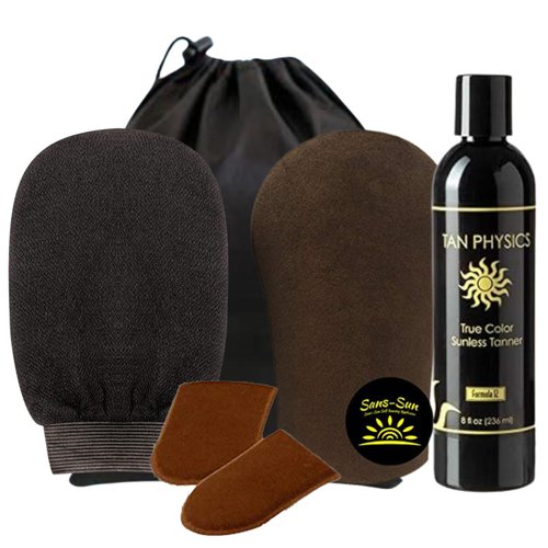 Tan Physics Self Tanner, 8 Fl oz with Face & Body Mitts, Black Exfoliation Gloves and Travel Bag - Tan Physics True Color Sunless Tanner - Tan Physics Sunless Tanner - 6 Pieces