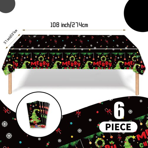 ORNACELE 6PCS Christmas Disposable Tablecloths, 108" x 54" Rectangular Plastic Waterproof Tablecover with Christmas Stocking Gift Wreath, Winter Holiday Themed Party Party Decoration Supplies