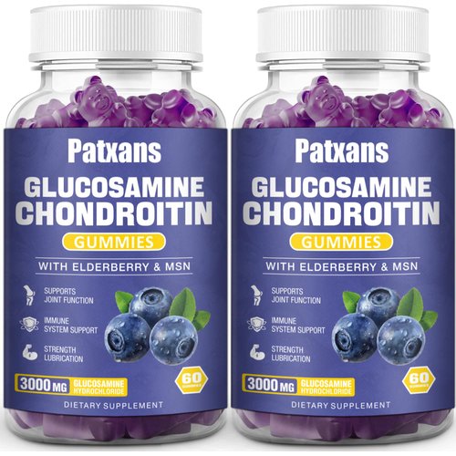 Patxans 2 Packs 3000MG Glucosamine Chondroitin Gummies - Extra Strength Joint Health & MSM Elderberry Natural Joint Support Supplement, Flexibility, Antioxidant Immune Support for Adults, 120 Gummies.